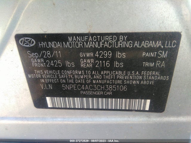 2012 HYUNDAI SONATA 2.4L SE VIN: 5NPEC4AC3CH385106
