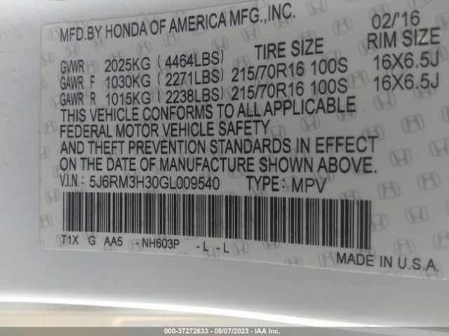 5J6RM3H30GL009540 Honda CR-V LX