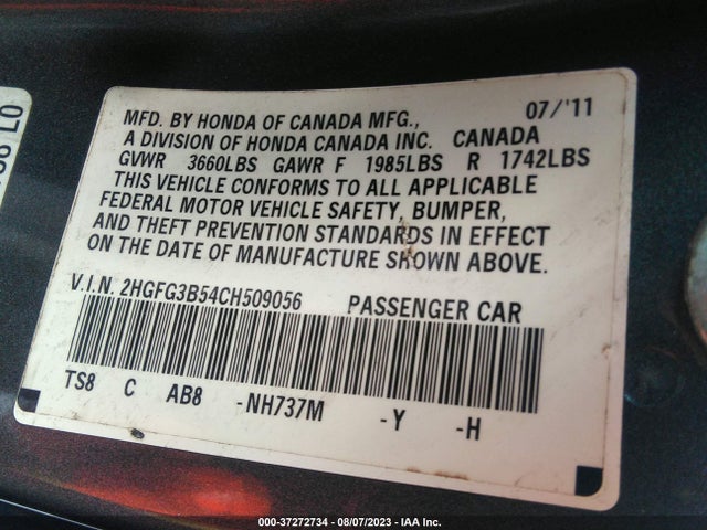 2012 HONDA CIVIC CPE LX VIN: 2HGFG3B54CH509056