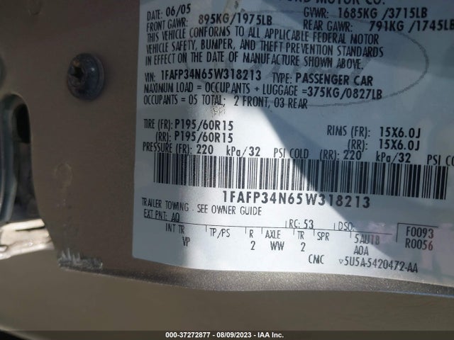 2005 FORD FOCUS S/SE/SES VIN: 1FAFP34N65W318213