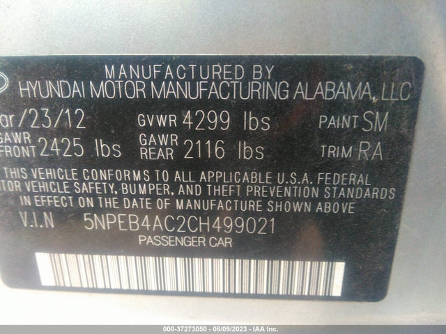 2012 HYUNDAI SONATA GLS VIN: 5NPEB4AC2CH499021
