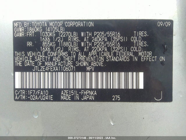 2010 SCION XB VIN: JTLZE4FEXA1106071