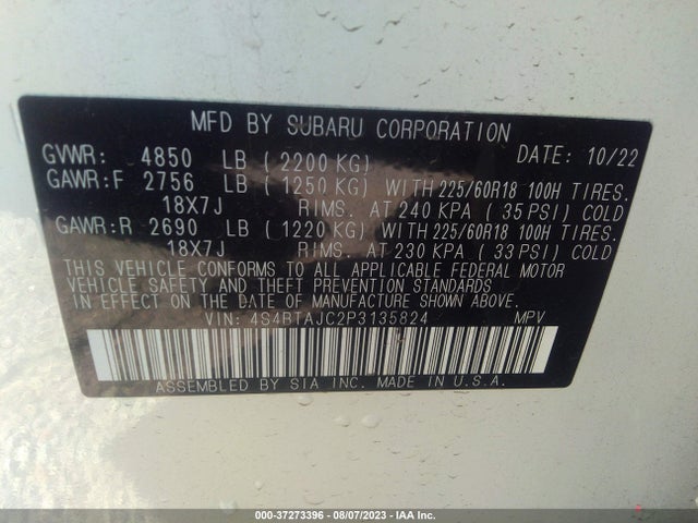 2023 SUBARU OUTBACK ONYX EDITION VIN: 4S4BTAJC2P3135824