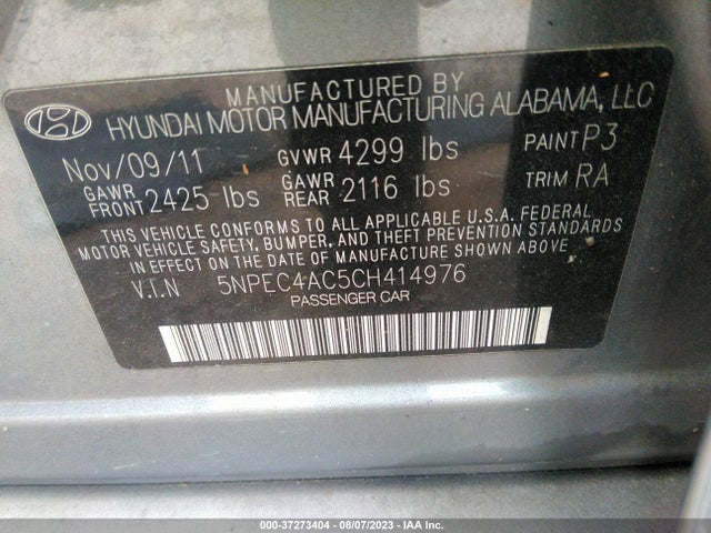 2012 HYUNDAI SONATA 2.4L LIMITED VIN: 5NPEC4AC5CH414976