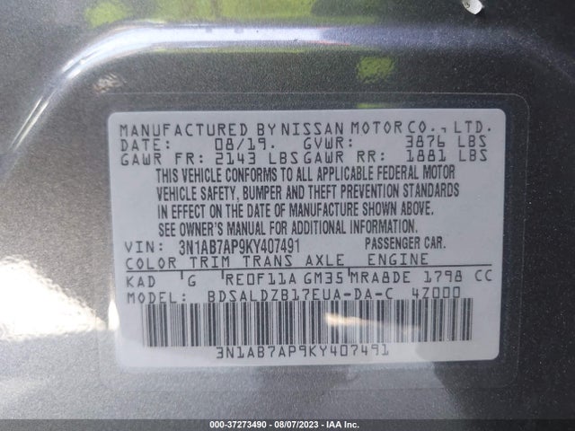 2019 NISSAN SENTRA SV VIN: 3N1AB7AP9KY407491