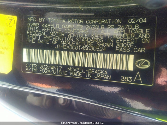 2004 LEXUS ES 330 VIN: JTHBA30G145030524