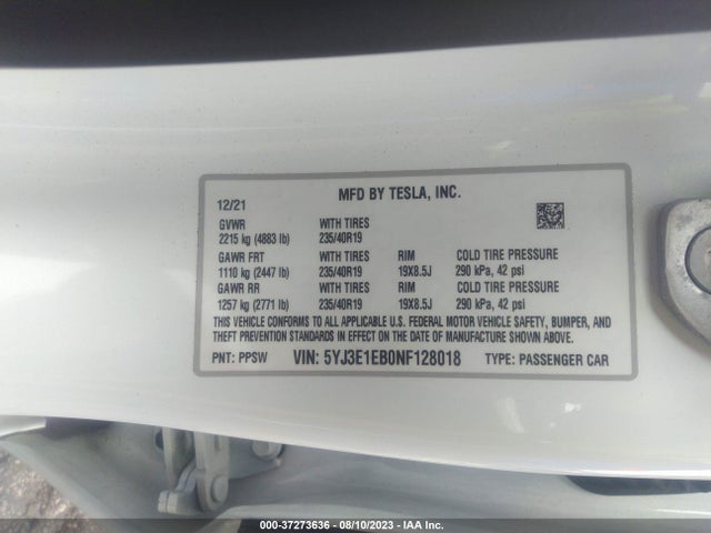 2022 TESLA MODEL 3 LONG RANGE VIN: 5YJ3E1EB0NF128018