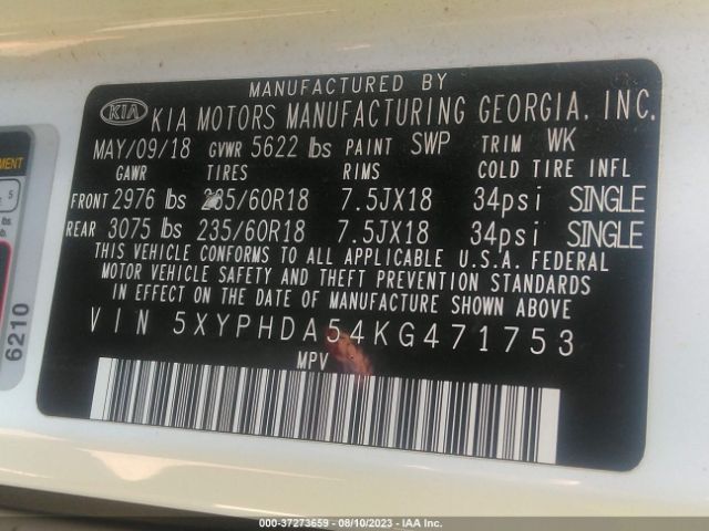 5XYPHDA54KG471753 KIA Sorento Ex V6