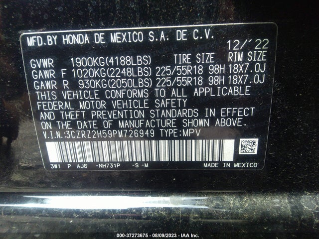 2023 HONDA HR-V SPORT VIN: 3CZRZ2H59PM726949