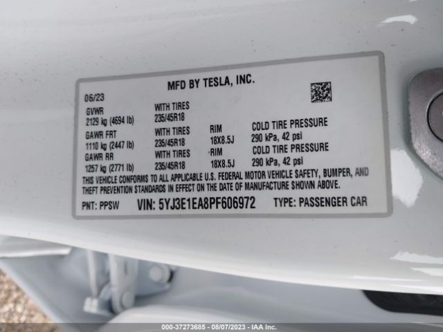 5YJ3E1EA8PF606972 Tesla MODEL 3