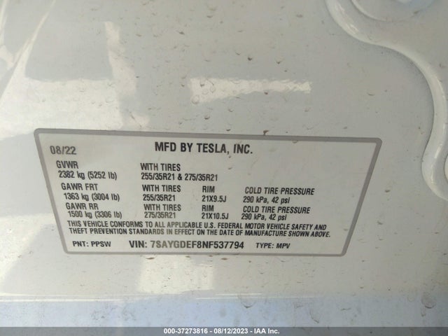 2022 TESLA MODEL Y PERFORMANCE VIN: 7SAYGDEF8NF537794