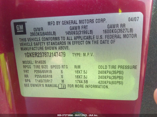 2007 GMC ACADIA SLT VIN: 1GKER23787J147479