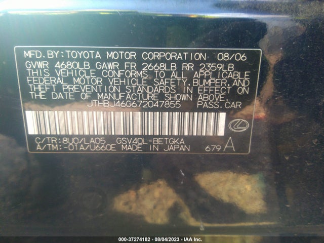 2007 LEXUS ES 350 VIN: JTHBJ46G672047855