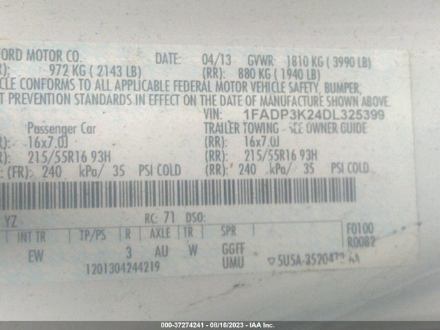 2013 FORD FOCUS SE VIN: 1FADP3K24DL325399