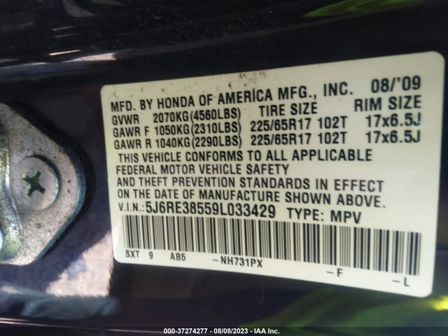 2009 HONDA CR-V EX VIN: 5J6RE38559L033429