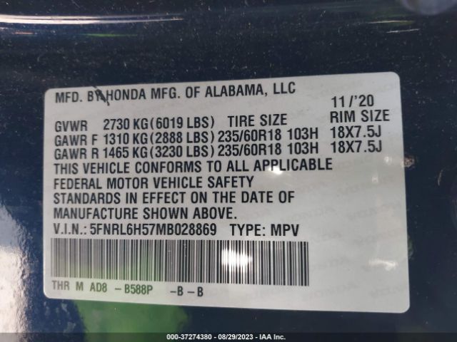 5FNRL6H57MB028869 Honda ODYSSEY EX