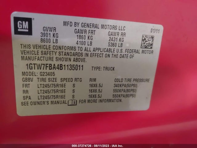 2011 GMC SAVANA CARGO VAN VIN: 1GTW7FBA4B1135011