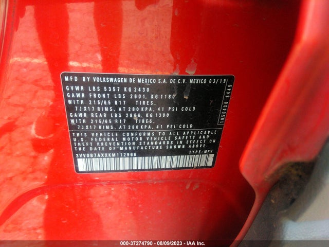 3VV0B7AXXKM112966 Volkswagen TIGUAN S