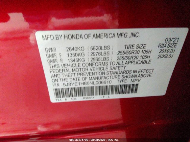 5J8YE1H86NL006610 Acura Mdx W/advance Package