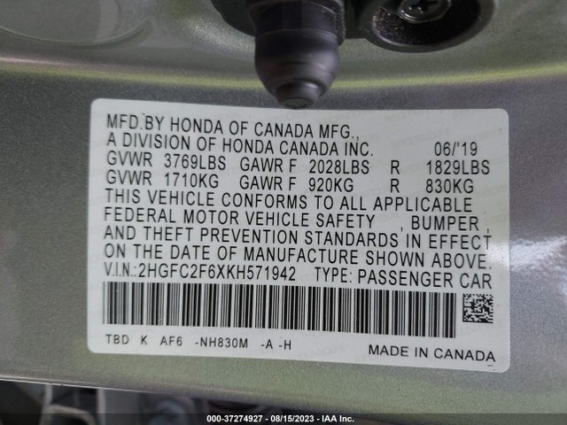 2019 Honda Civic, VIN: 2HGFC2F6XKH571942