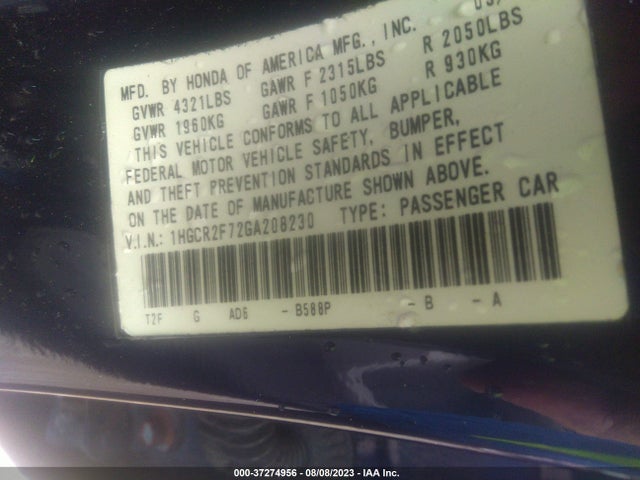 Honda ACCORD EX 2016 1HGCR2F72GA208230 Image 9