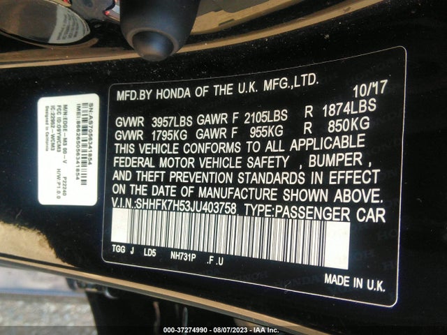 Honda Civic Hatchback Ex 2018 SHHFK7H53JU403758 Image 9