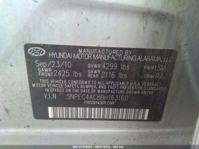 2011 HYUNDAI SONATA LTD PZEV VIN: 5NPEC4AC8BH163160