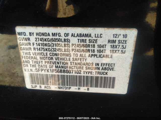 2011 HONDA RIDGELINE RTL VIN: 5FPYK1F56BB007102