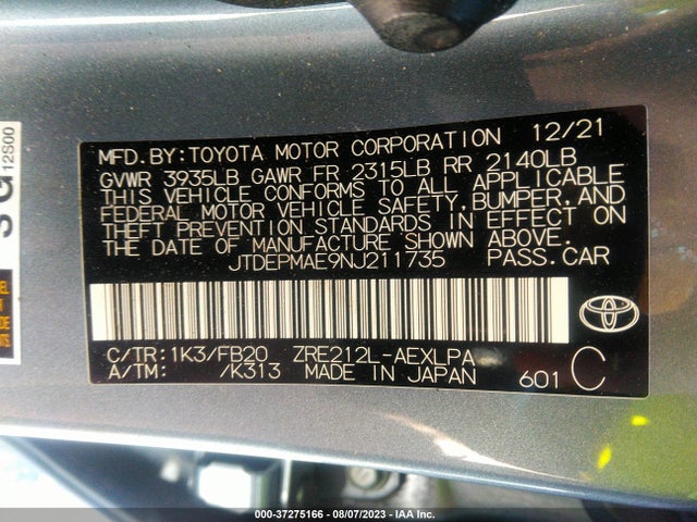 2022 TOYOTA COROLLA LE VIN: JTDEPMAE9NJ211735