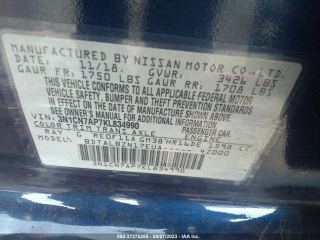 3N1CN7AP7KL834990 Nissan Versa Sedan Sv