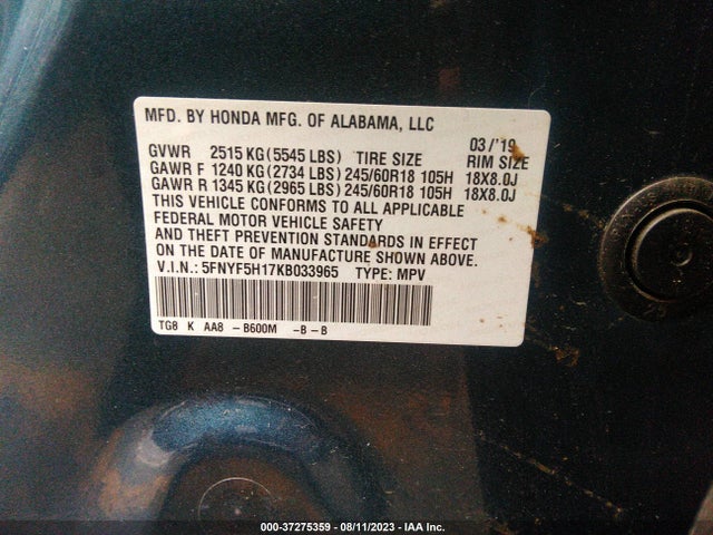 Honda PILOT LX 2019 5FNYF5H17KB033965 Image 9