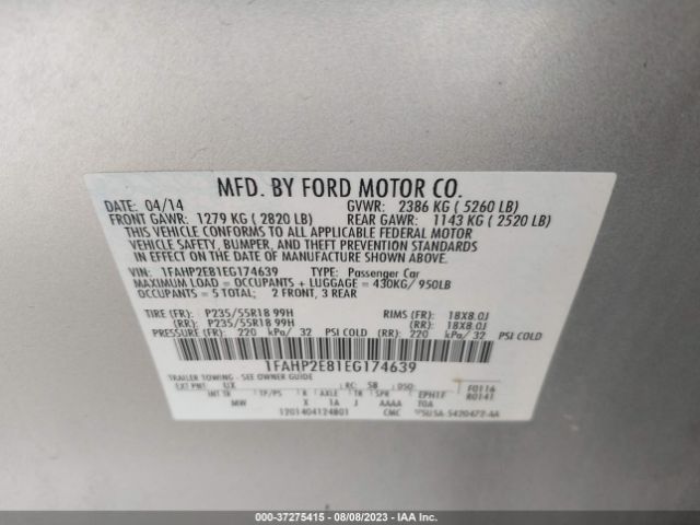 1FAHP2E81EG174639 Ford TAURUS SEL