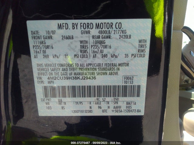 2008 MERCURY MARINER VIN: 4M2CU39H38KJ29436