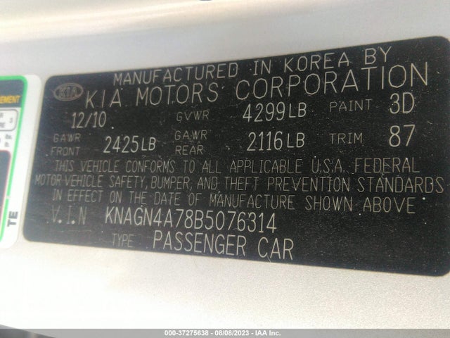 Продажа на аукционе авто 2011 Kia Optima Ex, vin: KNAGN4A78B5076314, номер лота: 37275638