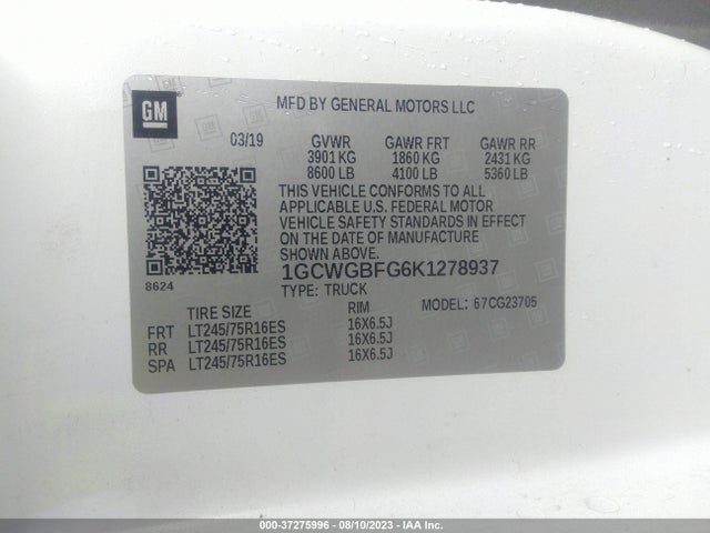 Chevrolet EXPRESS CARGO VAN 2019 1GCWGBFG6K1278937 Image 9