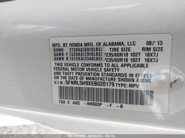 Honda Odyssey Touring 2014 5FNRL5H9XEB020179 Image 9