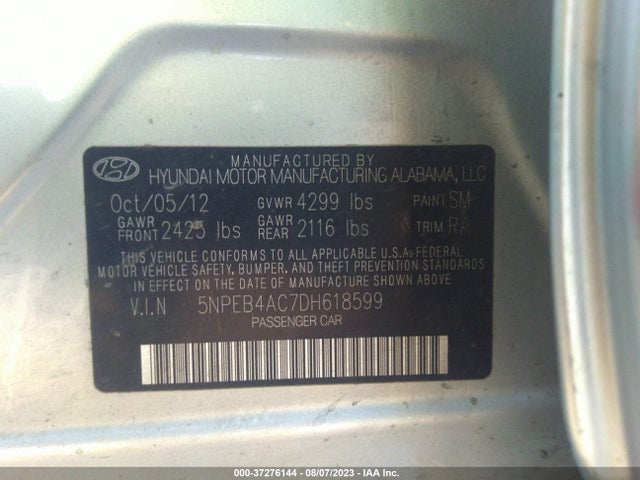 2013 HYUNDAI SONATA GLS VIN: 5NPEB4AC7DH618599