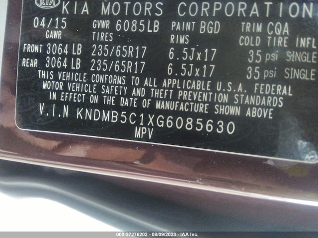 2016 KIA SEDONA LX VIN: KNDMB5C1XG6085630