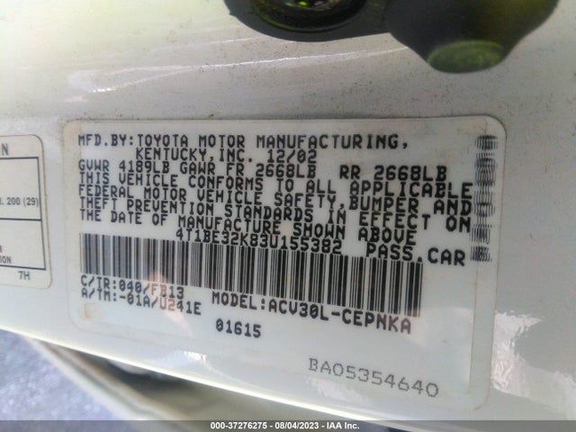 2003 TOYOTA CAMRY LE/SE/XLE VIN: 4T1BE32K83U155382