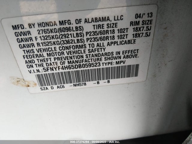 2013 HONDA PILOT EX-L VIN: 5FNYF4H65DB059523