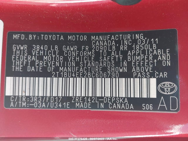 2011 TOYOTA COROLLA S VIN: 2T1BU4EE2BC606790