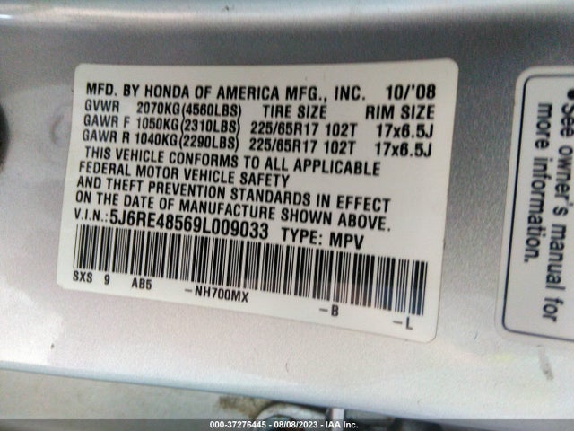 2009 HONDA CR-V EX VIN: 5J6RE48569L009033