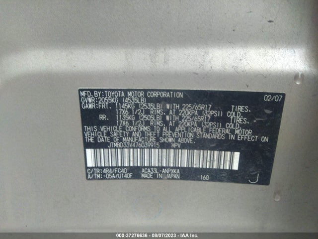 2007 TOYOTA RAV4 VIN: JTMBD33V476039915