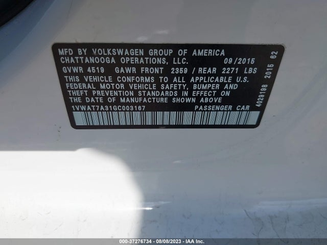 1VWAT7A31GC003167 Volkswagen Passat 1.8t S