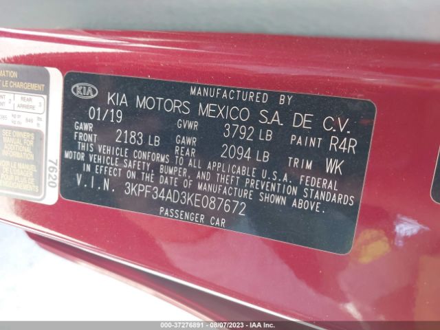 3KPF34AD3KE087672 KIA FORTE S