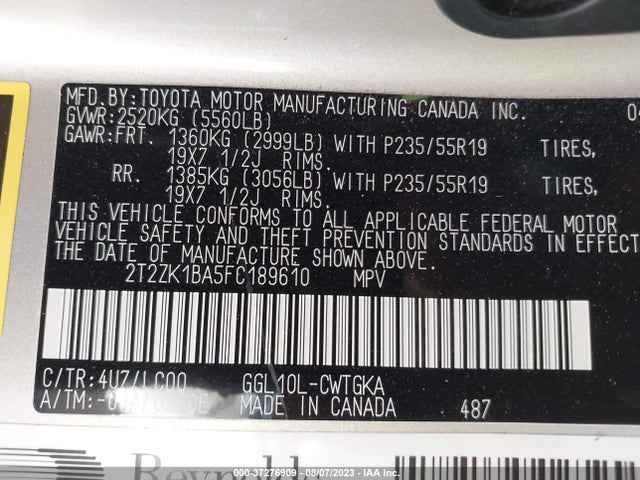 2T2ZK1BA5FC189610 Lexus RX 350