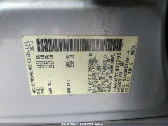 2012 NISSAN MAXIMA 3.5 S W VIN: 1N4AA5AP7CC800295