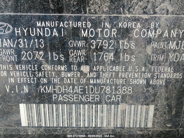 Aukcja sprzedaży 2013 Hyundai Elantra Gls Pzev, vin: KMHDH4AE1DU781388, numer aukcji: 37276985