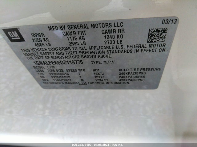 2013 CHEVROLET EQUINOX LTZ VIN: 1GNALFEK5DZ119776