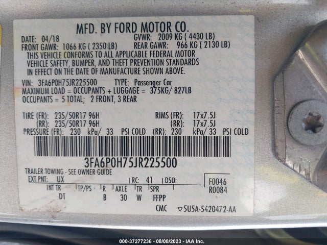 Ford FUSION SE 2018 3FA6P0H75JR225500 Image 9